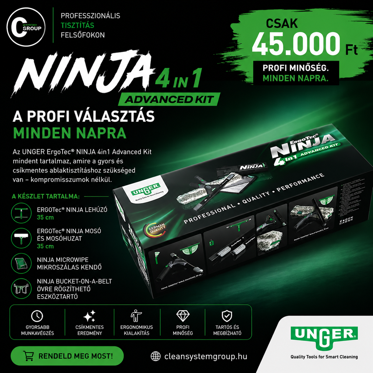 UNGER ErgoTec NINJA 4in1 Professzionális Ablaktisztító Szett